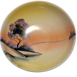 Vintage Meito Hand Painted Bowl Crown Mark Japan 1930s Sunset Scene Porcelain